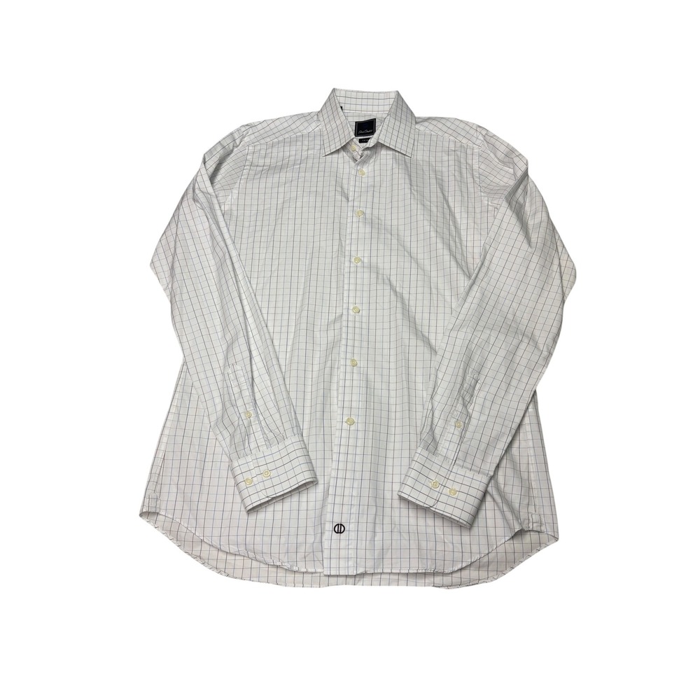 David Donahue Mens Trim Fit Dress Shirt Mens 16.5 36 White Blue Brown Windowpane